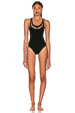 ALAÏA Seamless Perforated One Piece Swimsuit in Vert Fonce, view 2, click to view large image.