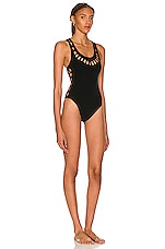 ALAÏA Seamless Perforated One Piece Swimsuit in Vert Fonce, view 3, click to view large image.