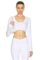 alo Seamless Ribbed Cropped Serene Long Sleeve Top in White, view 1, click to view large image.
