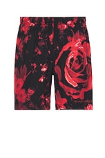 Alexander McQueen Wax Floral Swim Short in Black & Red, view 1, click to view large image.