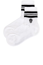 Alexander McQueen Skull Stripe Socks in White & Black, view 2, click to view large image.