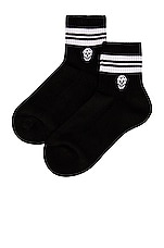 Alexander McQueen Skull Stripe Socks in Black & White, view 2, click to view large image.