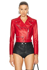Alexander McQueen Leather Cropped Biker Jacket in Welsh Red, view 1, click to view large image.