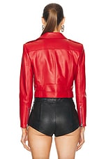 Alexander McQueen Leather Cropped Biker Jacket in Welsh Red, view 3, click to view large image.
