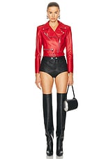 Alexander McQueen Leather Cropped Biker Jacket in Welsh Red, view 4, click to view large image.