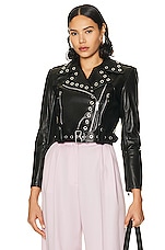Alexander McQueen Cropped Biker Jacket in Black & Silver, view 1, click to view large image.