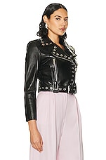 Alexander McQueen Cropped Biker Jacket in Black & Silver, view 2, click to view large image.