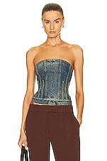 Alexander McQueen Denim Strapless Top in Distressed Wash, view 1, click to view large image.