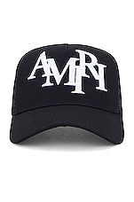 Amiri Staggered Logo Trucker Hat in Black, view 1, click to view large image.