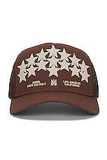 Amiri Leather Star Trucker in Brown, view 1, click to view large image.