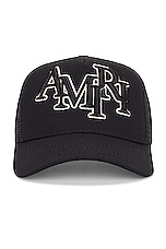 Amiri Staggered Logo Trucker in Black, view 1, click to view large image.