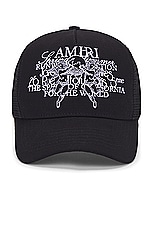 Amiri Cherub Trucker Hat in Black, view 1, click to view large image.