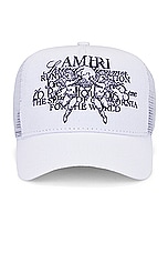 Amiri Cherub Trucker Hat in White, view 1, click to view large image.