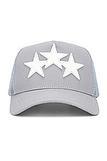 Amiri Three Star Trucker Hat in Grey, view 1, click to view large image.