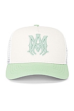 Amiri Two Tone MA Trucker Hat in Natural Mineral Green, view 1, click to view large image.