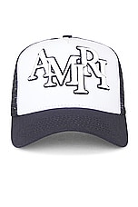 Amiri Staggered Trucker Hat in White & Black, view 1, click to view large image.