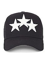 Amiri Three Star Trucker Hat in Black, view 1, click to view large image.