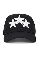 Amiri Crystal 3 Star Trucker Hat in Black White, view 1, click to view large image.