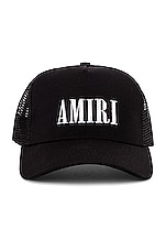 Amiri Core Logo Trucker Hat in Black & White, view 1, click to view large image.