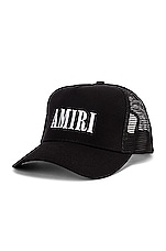 Amiri Core Logo Trucker Hat in Black & White, view 2, click to view large image.