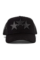 Amiri 3 Star Trucker Hat in Black, view 1, click to view large image.