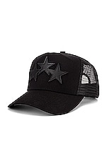 Amiri 3 Star Trucker Hat in Black, view 2, click to view large image.
