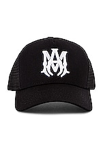 Amiri MA Logo Trucker Hat in Black & White, view 1, click to view large image.