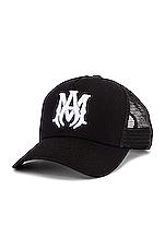 Amiri MA Logo Trucker Hat in Black & White, view 2, click to view large image.