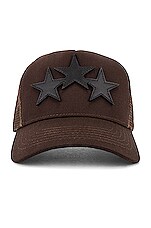 Amiri 3 Star Trucker Hat in Brown & Black | FWRD