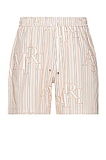 Amiri Stripe Staggered Poplin Short in Cream Tan, view 1, click to view large image.