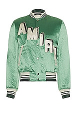 Amiri Satin Cropped Varsity Jacket in Mint | FWRD