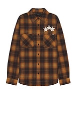 Amiri Star Leather Flannel Shirt in Chai Tea, view 1, click to view large image.