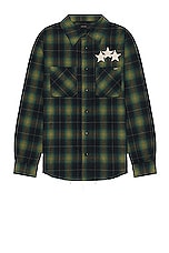 Amiri Star Leather Flannel Shirt in Rain Forest, view 1, click to view large image.