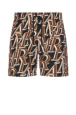 Amiri Stacked Print Swim Trunks in Black, view 1, click to view large image.