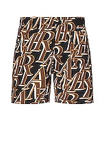 Amiri Stacked Print Swim Trunks in Black, view 2, click to view large image.