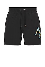 Amiri Staggered Chrome Swim Trunk in Black, view 1, click to view large image.