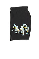 Amiri Staggered Chrome Swim Trunk in Black, view 3, click to view large image.