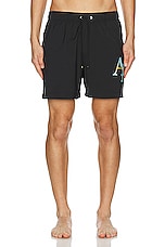 Amiri Staggered Chrome Swim Trunk in Black, view 4, click to view large image.