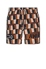 Amiri Checkered Snake Swim Trunks in Brown, view 1, click to view large image.