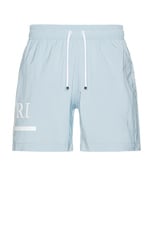 Amiri Ma Bar Logo Swim Trunk in Ashley Blue, view 1, click to view large image.