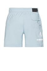 Amiri Ma Bar Logo Swim Trunk in Ashley Blue, view 2, click to view large image.