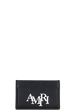 Amiri Printed Staggered Logo Card Holder in Black, view 1, click to view large image.