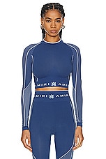 Amiri Seamless Cropped Top in Dark Blue, view 1, click to view large image.