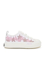 Amiri Stars Court Low Top Sneaker in White & Pink, view 1, click to view large image.