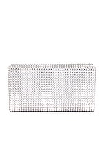 AMINA MUADDI Superamini Paloma Satin Clutch in Light Grey, Dusty Pink Delite, & White Crystals, view 1, click to view large image.
