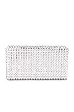 AMINA MUADDI Superamini Paloma Satin Clutch in Light Grey, Dusty Pink Delite, & White Crystals, view 3, click to view large image.
