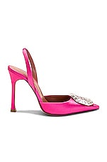 AMINA MUADDI Camelia Satin 105 Sling Heel in Pink, view 1, click to view large image.