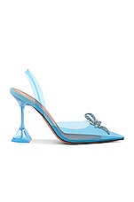 AMINA MUADDI Rosie Glass Heel in Aqua Blue & Aqua Crystal Bow, view 1, click to view large image.
