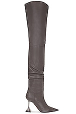AMINA MUADDI Olivia Glass Thigh High Nappa Boot In Grey in Grey, view 1, click to view large image.