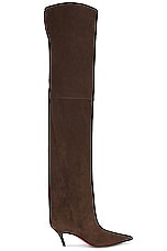 AMINA MUADDI Fiona Suede Thigh High 60 Boot in Coffee, view 1, click to view large image.